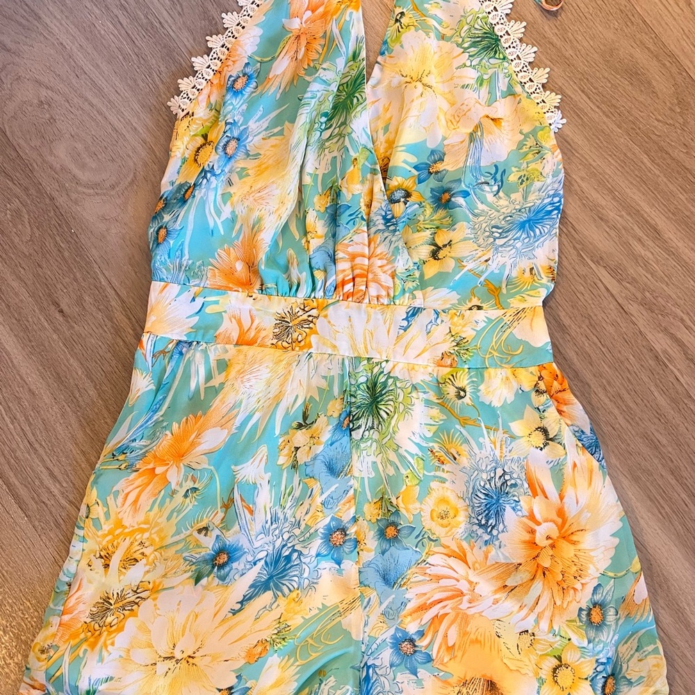 Cals Floral Halter Jumpsuit - Blue and Yellow